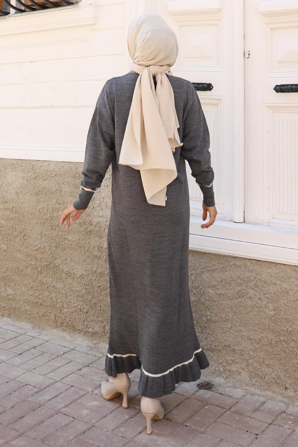 Manşeti Taş Detaylı Triko Elbise Gri 6150