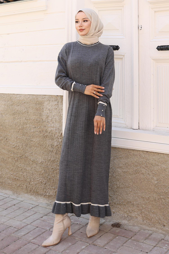 Manşeti Taş Detaylı Triko Elbise Gri 6150