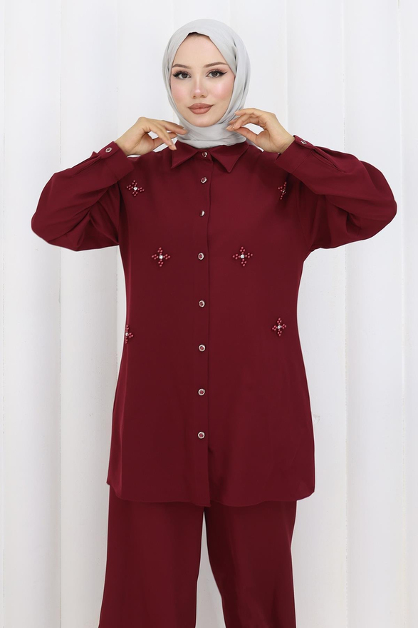 Minimal Taşlı Takım Bordo 19367