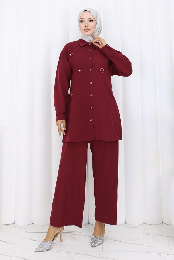 Minimal Taşlı Takım Bordo 19367