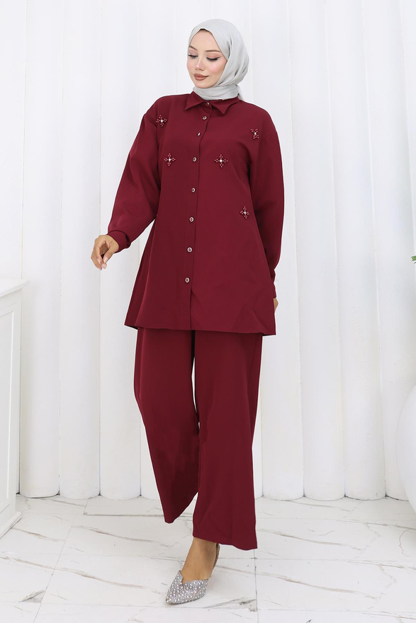 Minimal Taşlı Takım Bordo 19367