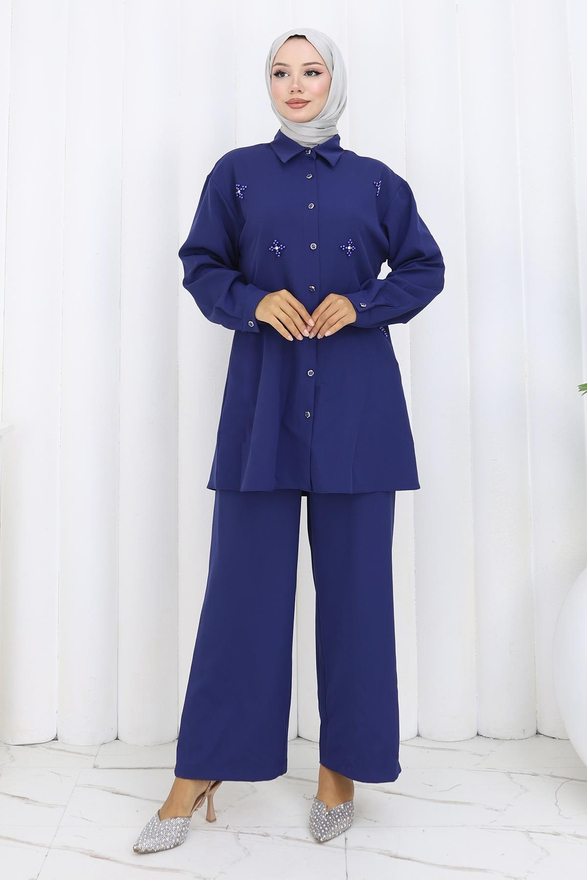 Minimal Taşlı Takım İndigo 19367