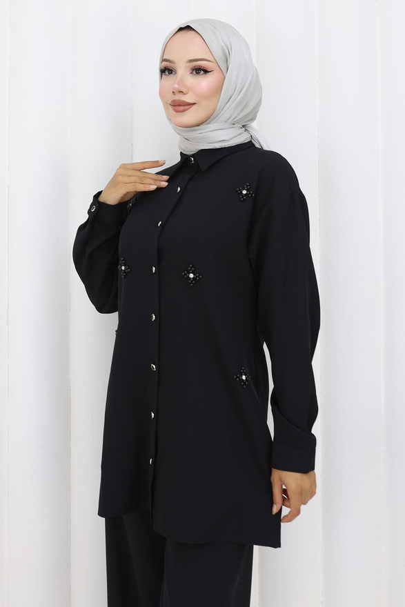 Minimal Taşlı Takım Siyah 19367