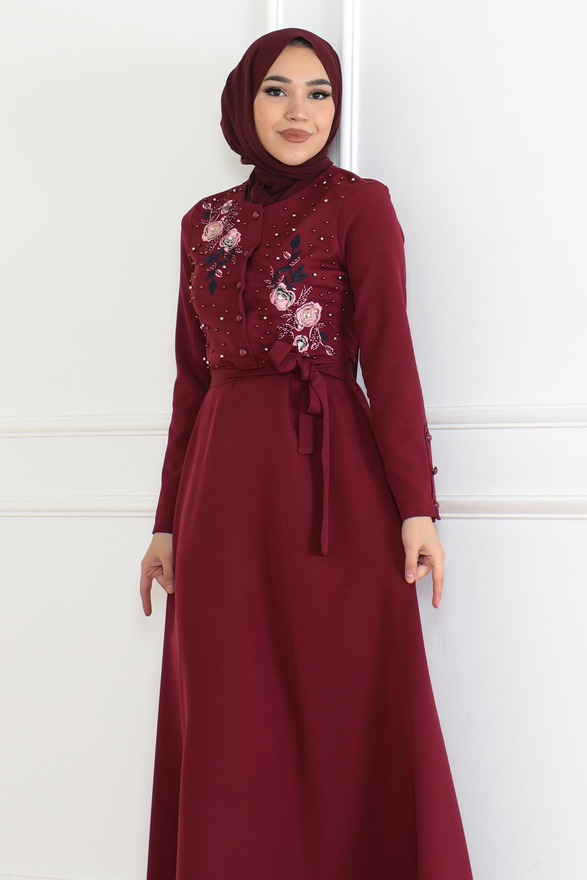 Nakış Detaylı Elbise Bordo 6119
