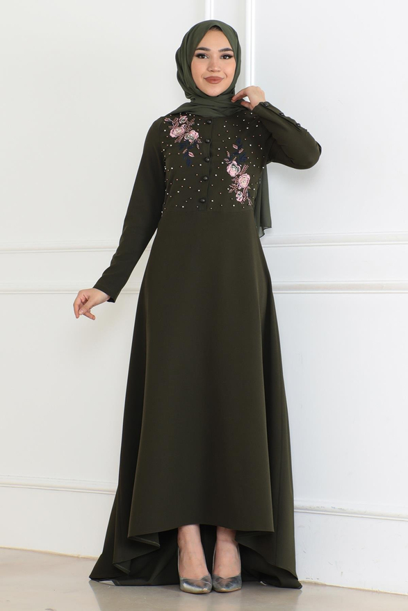 Nakış Detaylı Elbise Haki 6119
