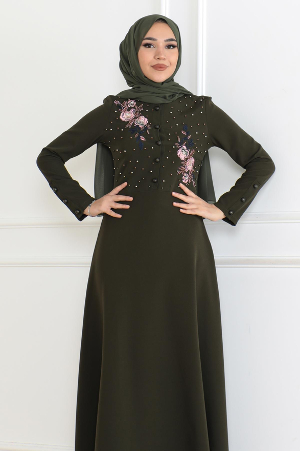 Nakış Detaylı Elbise Haki 6119