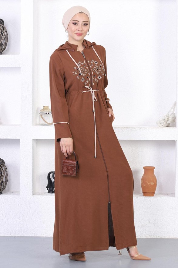 Nakışlı Kapşonlu Ferace Kahverengi 12210