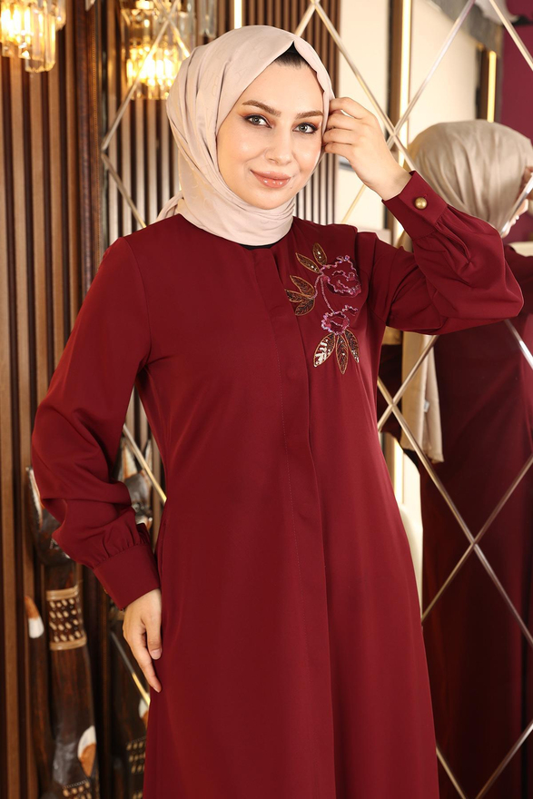Nakışlı Tesettür Ferace Bordo 10773