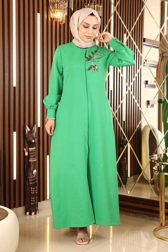 Nakışlı Tesettür Ferace Yeşil 10773