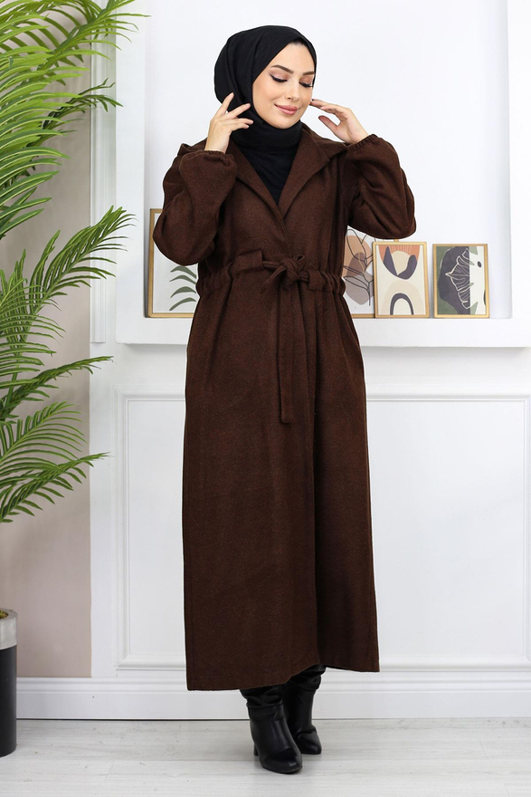 Önden Bağlamalı Kaşe Kaban Kahverengi 19169