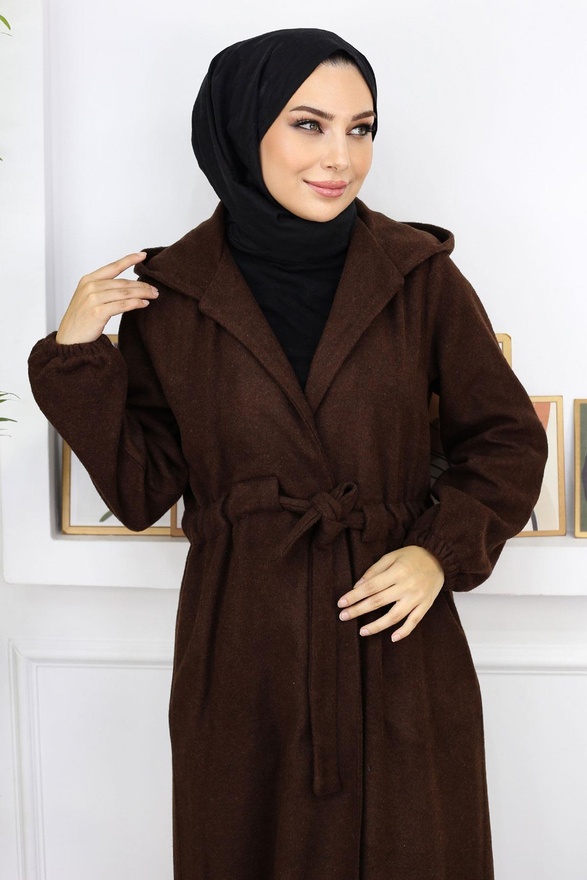 Önden Bağlamalı Kaşe Kaban Kahverengi 19169