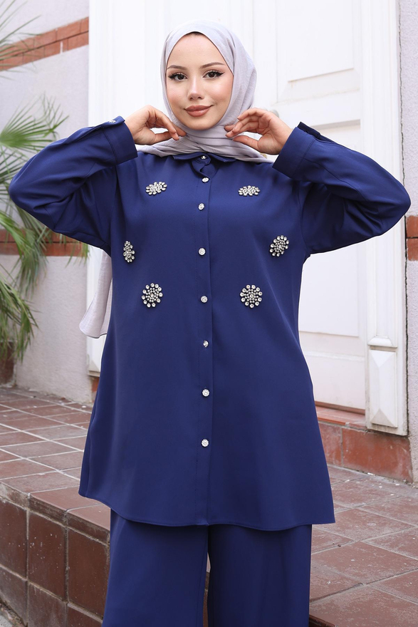 Parıltı Taş Detaylı Takım İndigo 19264