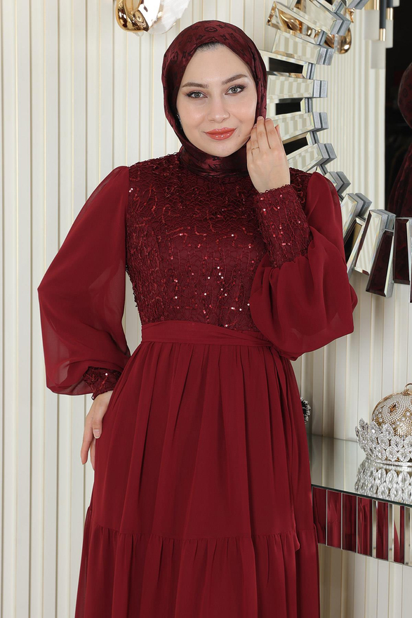 Pulpayetli Şifon Abiye Bordo 19187