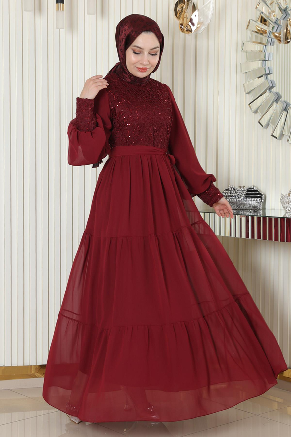 Pulpayetli Şifon Abiye Bordo 19187