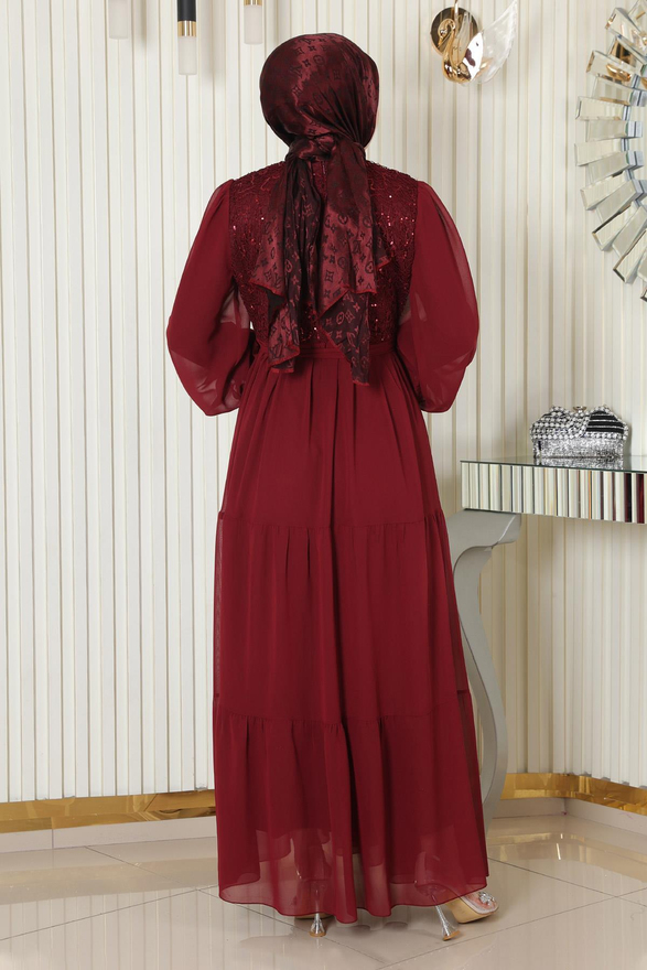 Pulpayetli Şifon Abiye Bordo 19187