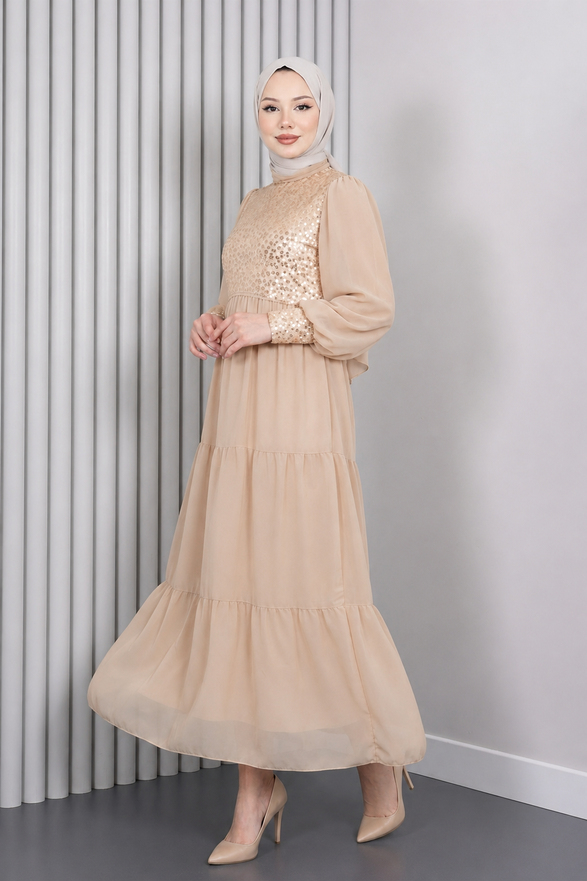 Pulpayetli Şifon Abiye Gold 19187