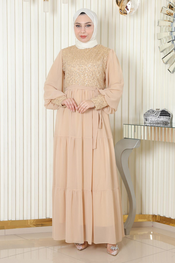 Pulpayetli Şifon Abiye Gold 19187