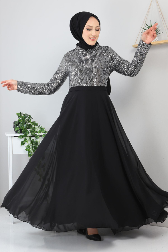 Pulpayetli Şifon Abiye Gümüş MSW8940