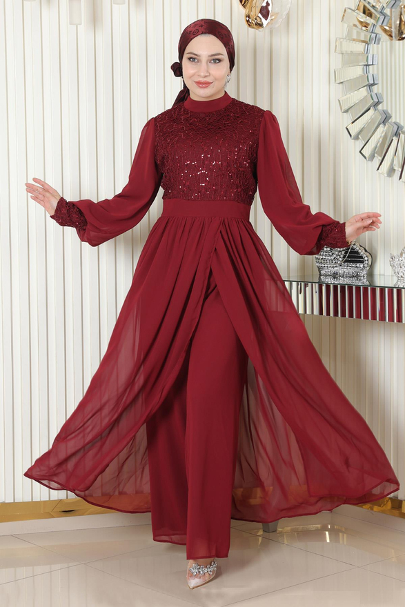 Pulpayetli Şifon Takım Bordo MSW19190-2