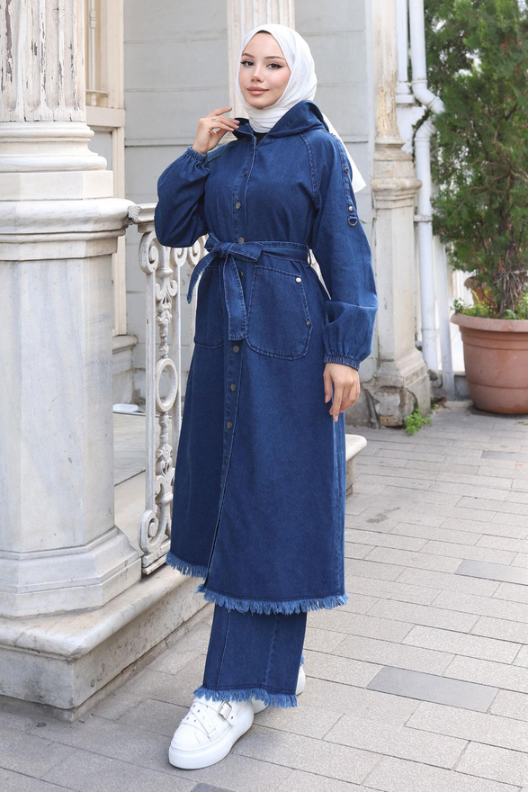 Püskül Detaylı Kot Takım Koyu Mavi 19375