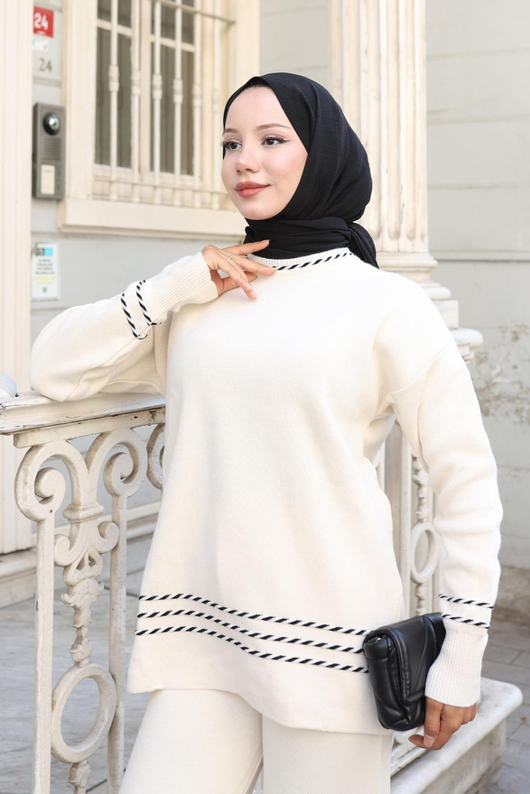 Şerit Detaylı Triko Takım Beyaz 6151