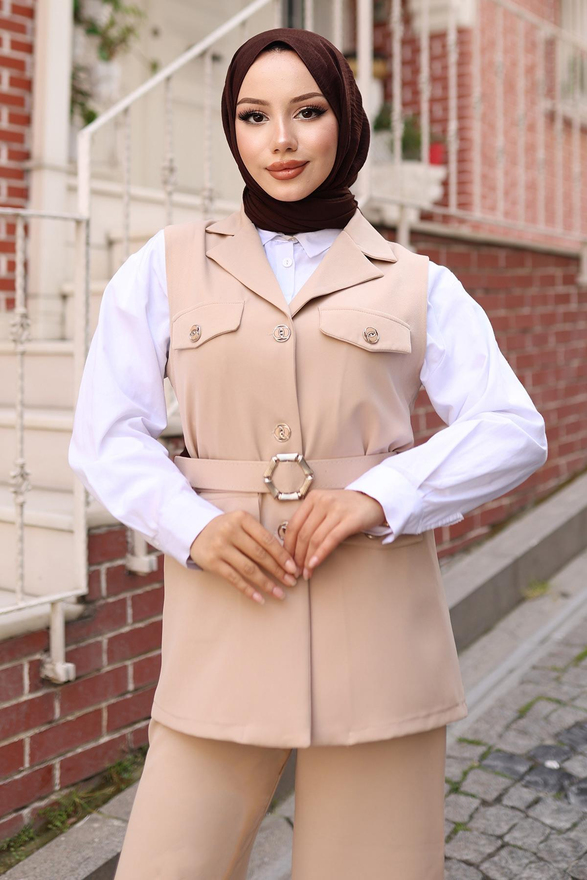 Süs Cep Detaylı Yelekli Takım Bej MSW19249-5