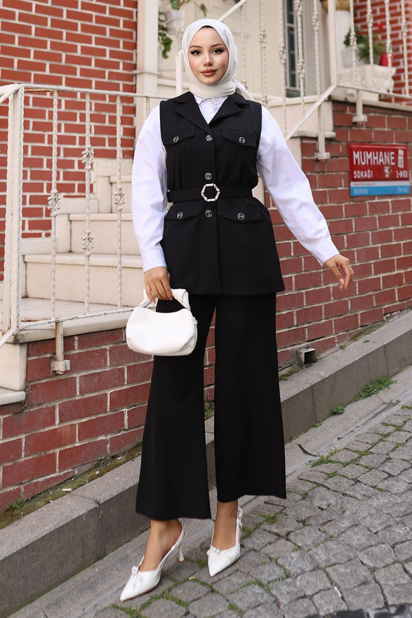 Süs Cep Detaylı Yelekli Takım Siyah MSW19249-1