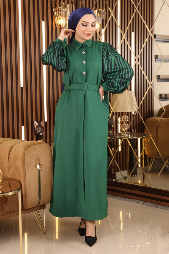 Taş Detaylı Desenli Ferace Zümrüt 19127