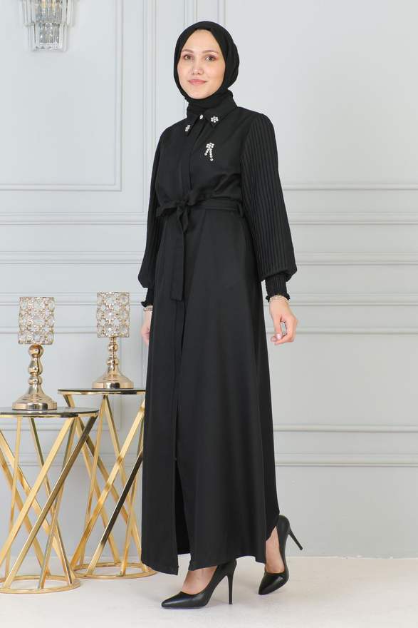 Taş Detaylı Fermuarlı Ferace Siyah 19208