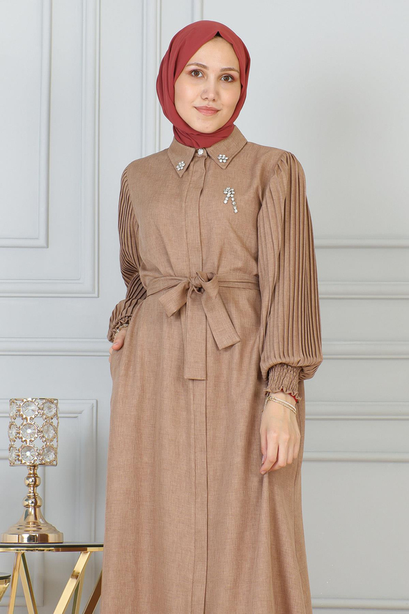 Taş Detaylı Fermuarlı Ferace Taba 19208