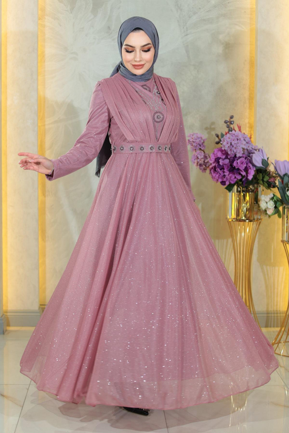 Taş Detaylı Göğsü Drapeli Simli Abiye Gül Kurusu MSW19188-2