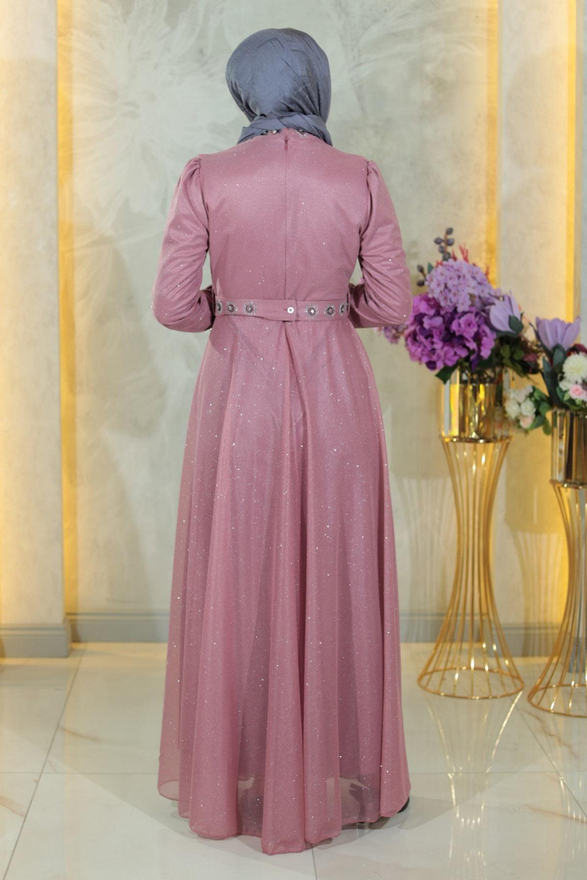 Taş Detaylı Göğsü Drapeli Simli Abiye Gül Kurusu MSW19188-2