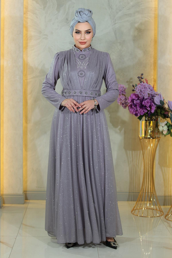 Taş Detaylı Göğsü Drapeli Simli Abiye Lila MSW19188-5