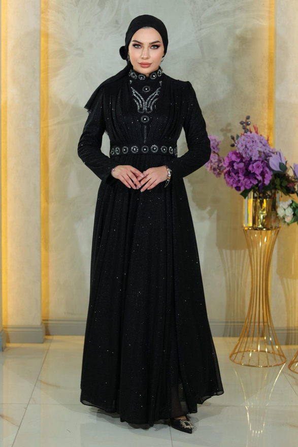 Taş Detaylı Göğsü Drapeli Simli Abiye Siyah MSW19188-1