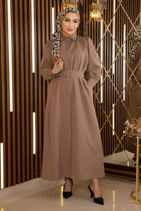 Taş Detaylı Kemerli Elbise Vizon 19115