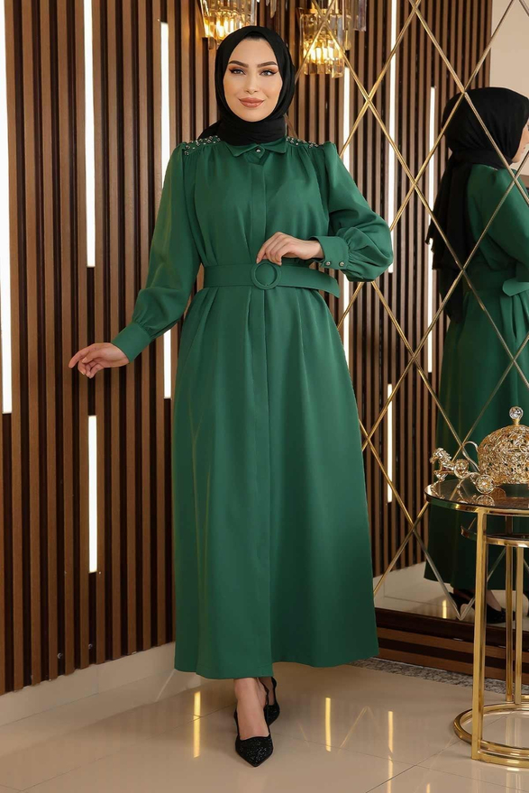 Taş Detaylı Kemerli Elbise Zümrüt 19115
