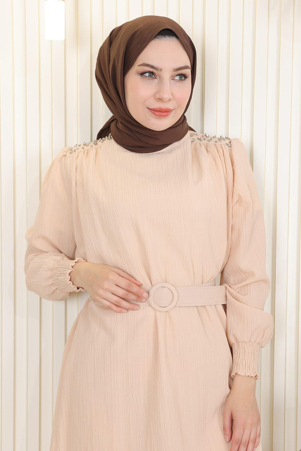 Taş Detaylı Kemerli Takım Bej MSW19104-2