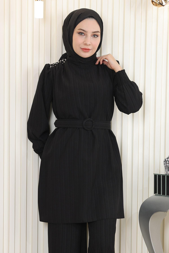 Taş Detaylı Kemerli Takım Siyah MSW19104-1