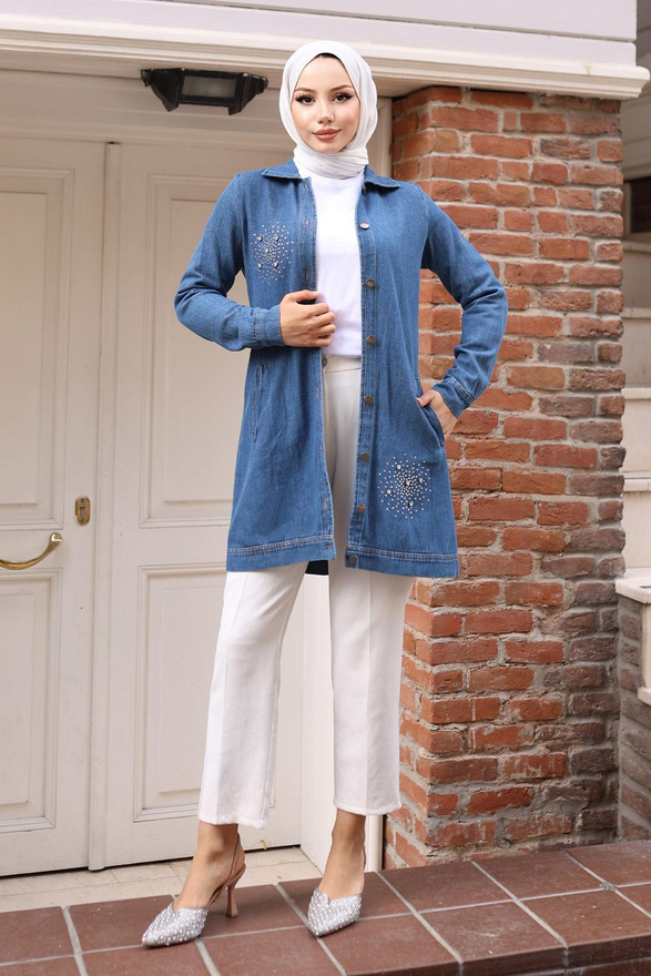 Taş Detaylı Kot Gömlek Açık Kot 19400