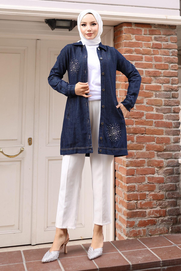 Taş Detaylı Kot Gömlek Koyu Kot 19400