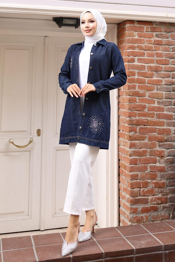 Taş Detaylı Kot Gömlek Koyu Kot 19400