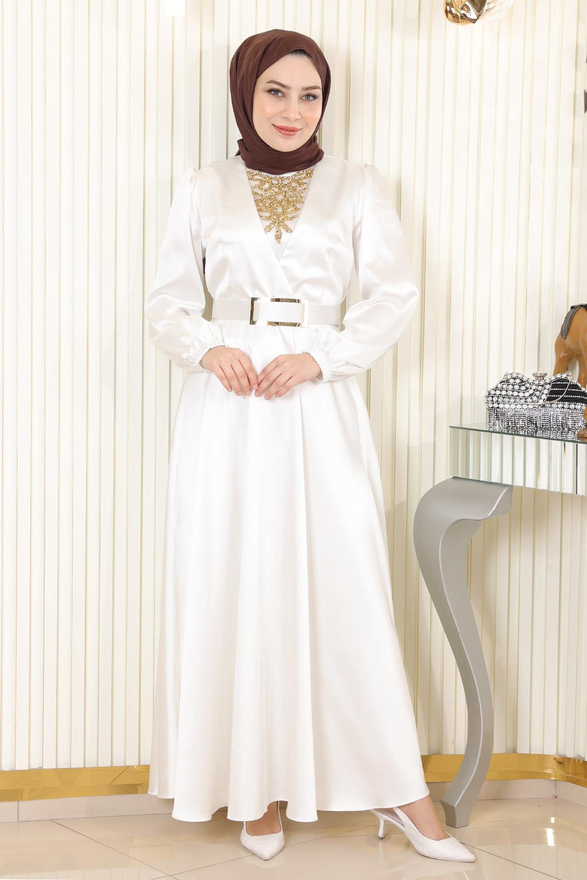 Taş Detaylı Saten Abiye Beyaz MSW19901-2