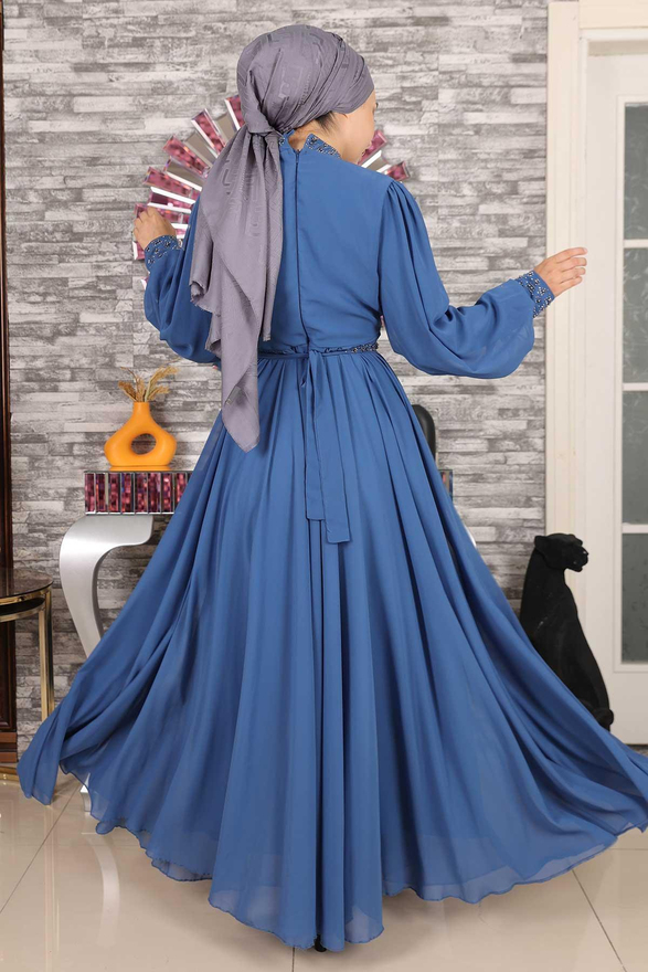 Taş Detaylı Şifon Abiye İndigo 19109