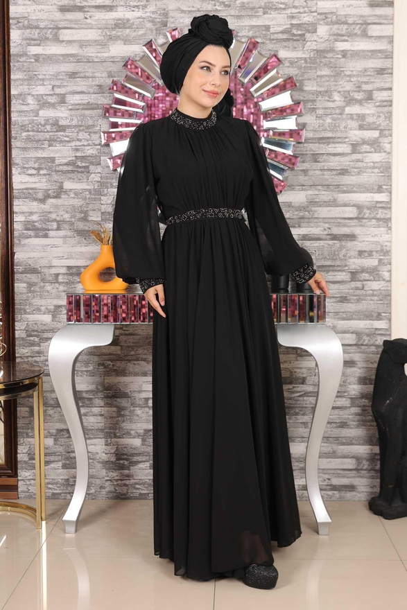 Taş Detaylı Şifon Abiye Siyah 19109