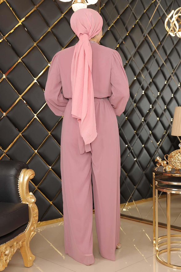 Taş Detaylı Şifon Tulum Abiye Gül Kurusu MSW19153-3