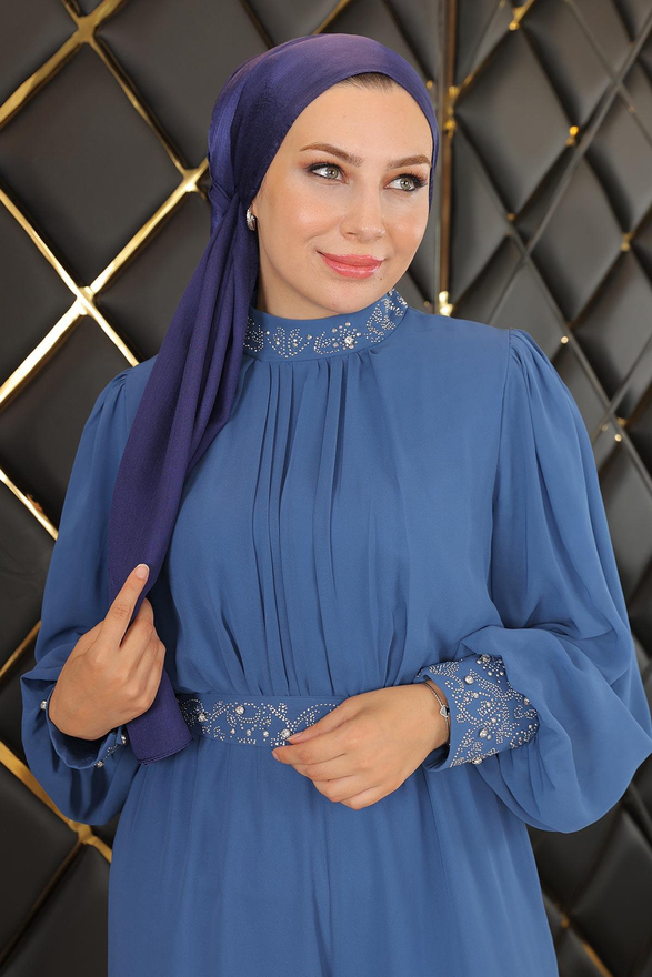 Taş Detaylı Şifon Tulum Abiye Mavi MSW19153-2