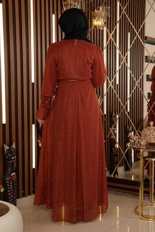 Taş Detaylı Simli Şifon Abiye Kiremit 19113