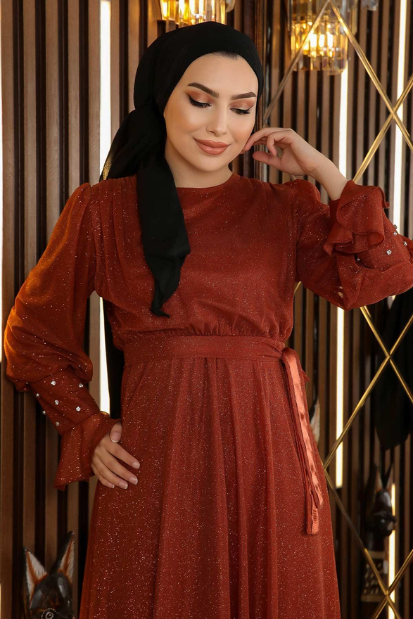 Taş Detaylı Simli Şifon Abiye Kiremit 19113