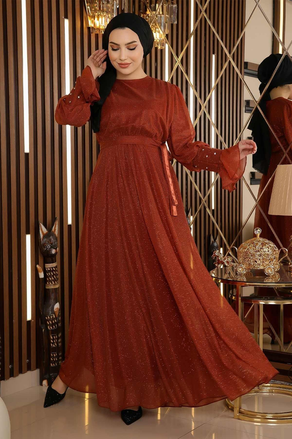 Taş Detaylı Simli Şifon Abiye Kiremit 19113