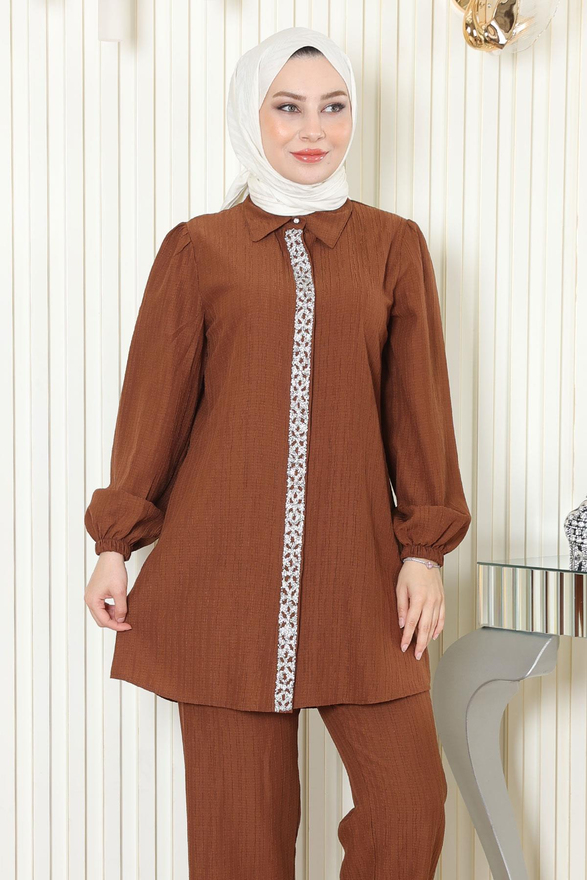 Taş Detaylı Takım Kahverengi MSW19195-5